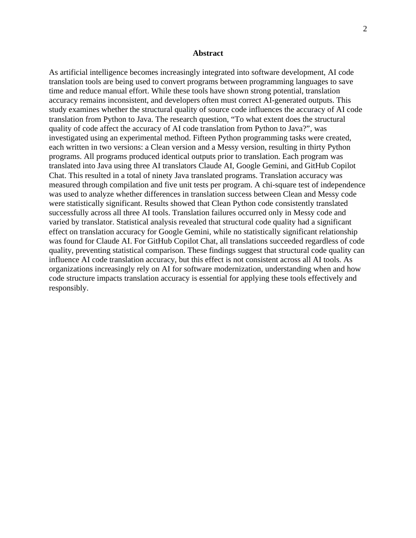 Abstract page preview of Structural Code Quality and Its Influence on AI Code Translation from Python to Java