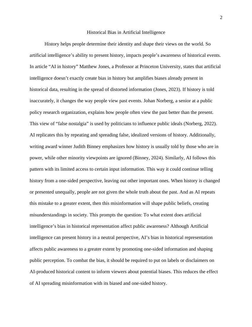 Opening page preview of the AP Seminar paper Historical Bias in Artificial Intelligence